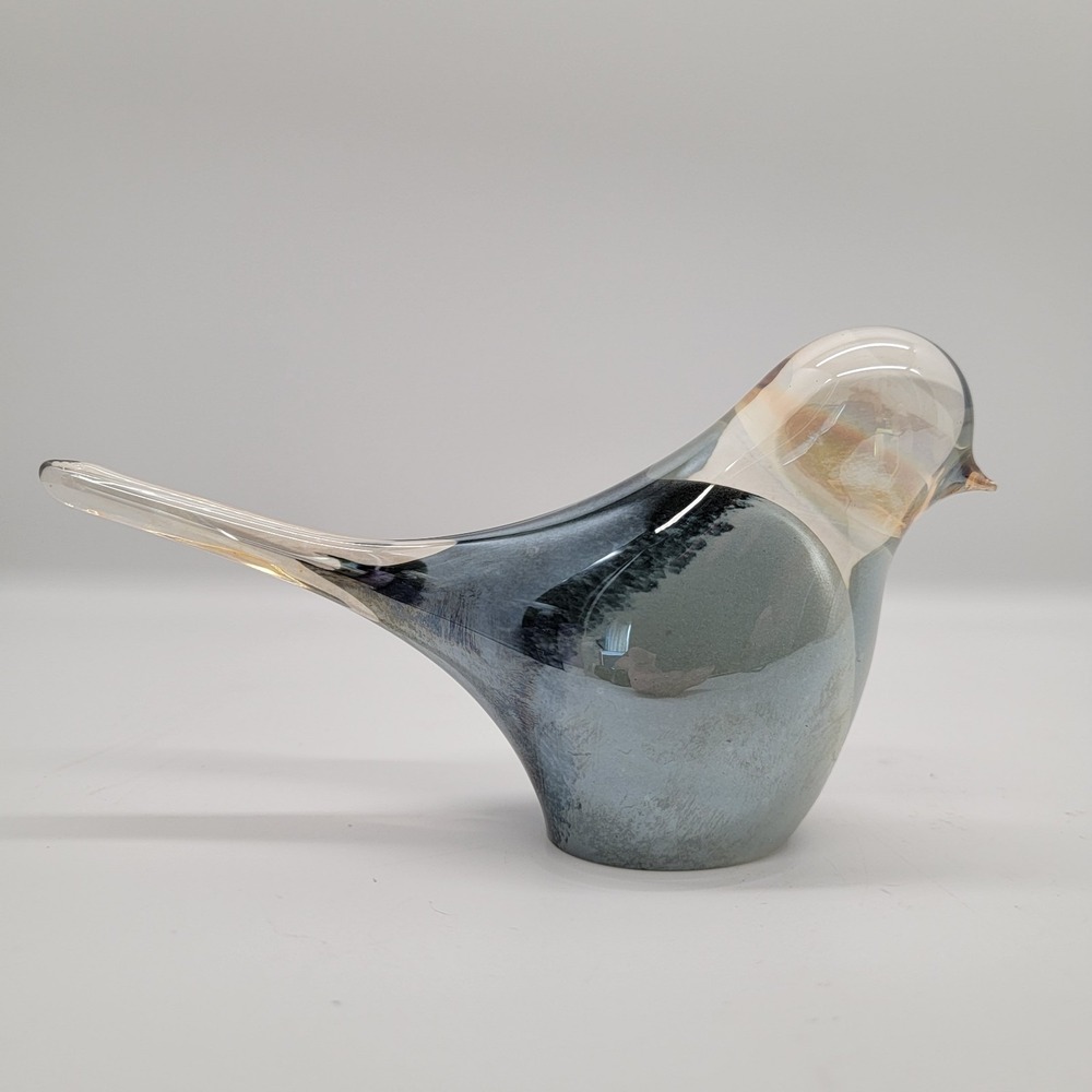 Iridescent Art Glass Bird Figurine, Glossy Blue Grey Decorative Home Decor